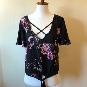 Black Floral Tie Blouse